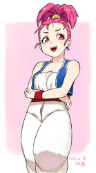 Rule 34 | 1girl, bare shoulders, breasts, cowboy shot, dated, dragon quest, dragon quest iii, earrings, hair ornament, high ponytail, jewelry, medium breasts, merchant (dq3), open mouth, pink hair, ponytail, sash, short hair, signature, simple background, smile, solo, stud earrings, tsukudani (coke-buta), vest
