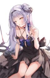 Rule 34 | 1girl, alternate costume, black dress, black hairband, black ribbon, blunt bangs, blush, bow, breasts, choker, cleavage, collarbone, commentary request, dress, earrings, flower, grey hair, hair bun, hair ribbon, hairband, highres, hololive, jewelry, long hair, looking at viewer, miakiuehashi, murasaki shion, purple bow, purple choker, purple flower, purple rose, ribbon, rose, simple background, sitting, sleeveless, sleeveless dress, small breasts, solo, virtual youtuber, white background, yellow eyes