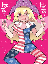 Rule 34 | 1girl, american flag dress, blonde hair, blush, clownpiece, commentary request, double v, full-face blush, hammer (sunset beach), hat, heart, jester cap, long hair, looking at viewer, pantyhose, red eyes, solo, squatting, touhou, translation request, v, wings