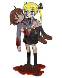 Rule 34 | 2girls, ahoge, bags under eyes, black hair, black necktie, black skirt, black socks, blank stare, blazer, bleeding, blonde hair, blood, blood from mouth, blood on clothes, blood on face, blood on leg, blood splatter, blush, brown eyes, brown footwear, brown hair, buttons, carrying, closed mouth, collared shirt, colored skin, commentary request, corpse, crying, crying with eyes open, cuts, death, empty eyes, expressionless, full body, grey jacket, grey skin, hair ribbon, highres, injury, jacket, kill me baby, kneehighs, loafers, long hair, long sleeves, looking at viewer, multiple girls, necktie, numamomi, open mouth, oribe yasuna, pleated skirt, pool of blood, princess carry, ribbon, school uniform, shirt, shoes, short hair, skirt, socks, sonya (kill me baby), standing, tears, traumatized, twintails, upskirt, white shirt