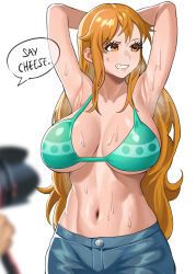 Rule 34 | 1girl, absurdres, armpits, arms behind head, arms up, bikini, bikini top only, breasts, camera, celyn404, denim, english text, highres, large breasts, long hair, nami (one piece), one piece, sweat, swimsuit, tagme