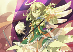 Rule 34 | 1boy, 1girl, alternate color, bad id, bad pixiv id, blonde hair, cropped jacket, dress, elize lutus, frills, green dress, halo, jewelry, maruishi, pendant, short hair, smile, staff, tales of (series), tales of xillia, teepo (tales), white hair, wingul (tales)