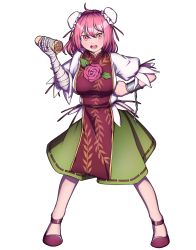 Rule 34 | 1girl, absurdres, arm up, bandaged arm, bandages, blush, breasts, bun cover, burrito, chain, chinese clothes, cuffs, double bun, flats, flower, flower ornament, food, full body, green skirt, hair between eyes, hair bun, hand on own hip, highres, holding, holding food, ibaraki kasen, large breasts, leaf, long skirt, looking at viewer, medium hair, mefomefo, open mouth, pink eyes, pink flower, pink hair, pink rose, puffy short sleeves, puffy sleeves, purple footwear, ribbon, ribbon-trimmed skirt, ribbon trim, rose, shackles, shirt, shoes, short sleeves, simple background, skirt, solo, tabard, touhou, v-shaped eyebrows, white background, white shirt