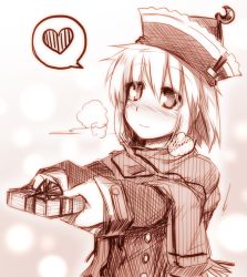 Rule 34 | 1girl, blush, box, female focus, gift, gift box, hat, heart, jacket, kazetto, lunasa prismriver, monochrome, outstretched arms, scarf, short hair, smile, solo, spoken heart, touhou, valentine, winter clothes
