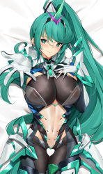 Rule 34 | 1girl, armor, bed sheet, black gloves, bodysuit, breasts, censored, chest jewel, commentary, covered erect nipples, cowboy shot, dakimakura (medium), earrings, elbow gloves, english commentary, gem, gloves, green eyes, green hair, hair ornament, hand on own chest, headpiece, heart, heart-shaped pupils, heart censor, highres, jewelry, large breasts, long hair, looking at viewer, lying, navel, nintendo, nipples, on back, outstretched arm, pneuma (xenoblade), ponytail, reaching, reaching towards viewer, see-through, smile, solo, symbol-shaped pupils, tiara, tony guisado, two-tone gloves, very long hair, white gloves, xenoblade chronicles (series), xenoblade chronicles 2