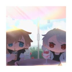 2boys black_hoodie blue_eyes blue_sky brown_hair chibi closed_mouth cloud cup day disposable_cup drawstring drinking_straw earrings grey_hair hair_over_one_eye holding holding_cup hood hood_down hoodie jacket jewelry kanae_(nijisanji) kiduta_cielo kuzuha_(nijisanji) male_focus mole mole_under_eye multiple_boys nijisanji open_clothes open_jacket outdoors pointy_ears red_eyes shirt short_sleeves sky smile stud_earrings sunlight virtual_youtuber white_jacket white_shirt