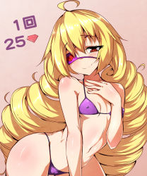 Rule 34 | 1girl, ahoge, bikini, blonde hair, blush, breasts, cameltoe, collarbone, curvy, drill hair, covered erect nipples, eyepatch, hand on own chest, highres, leaning forward, long hair, looking at viewer, navel, pink background, purple bikini, red eyes, rosalie (shironeko project), shironeko project, small breasts, smile, solo, swimsuit, very long hair, wide hips, zuo wei er