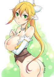 Rule 34 | 10s, 1girl, artist name, ass, blonde hair, blush, bottomless, braid, breast hold, breasts, dated, elbow gloves, elf, gloves, green eyes, hair ornament, highres, inverted nipples, kuboshun, large breasts, leafa, long hair, nipples, pointy ears, ponytail, side braid, solo, sword art online, twin braids