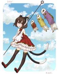 Rule 34 | 1girl, alternate costume, animal ears, black thighhighs, bow, brown eyes, brown hair, cat ears, cat tail, chen, cloud, detached sleeves, dress, earrings, egret, frilled dress, frills, full body, highres, jewelry, koinobori, long sleeves, looking at viewer, multiple tails, nekomata, no headwear, open mouth, outside border, petticoat, puffy long sleeves, puffy sleeves, red footwear, shoes, short dress, short hair, single earring, sky, solo, tail, thighhighs, touhou, turtleneck, twitter username, two tails, white bow, windsock, zettai ryouiki