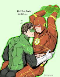 Rule 34 | 2boys, artist name, ass, bara, barry allen, black bodysuit, blush, bodysuit, bound, bound wrists, brown hair, closed mouth, dc comics, domino mask, english text, evinist, gloves, green bodysuit, green lantern, green lantern (series), hal jordan, jewelry, large pectorals, looking at another, male focus, mask, multiple boys, muscular, muscular male, pectorals, red bodysuit, restrained, ring, short hair, simple background, smile, the flash, the flash (series), white gloves, yaoi