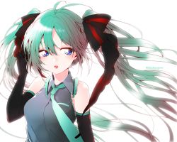 Rule 34 | 1girl, aqua eyes, bad id, bad pixiv id, black gloves, earrings, elbow gloves, floating hair, gloves, green hair, hair ribbon, hatsune miku, jewelry, lipstick, long hair, makeup, necktie, ranase (beebergom), ribbon, solo, twintails, upper body, vocaloid, white background