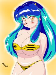 Rule 34 | 1girl, absurdres, animal print, bikini, blush, breasts, cleavage, closed mouth, donguri2, green hair, highres, horns, large breasts, looking at viewer, lum, navel, oni, solo, swimsuit, tiger print, urusei yatsura, yellow eyes