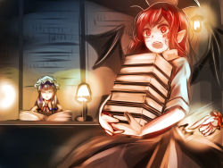 Rule 34 | &gt;:o, 2girls, :o, bad id, bad pixiv id, black dress, book stack, bookshelf, carrying, crescent, demon girl, demon wings, desk, dress, female focus, hair ribbon, hat, head wings, highres, jan (lightdragoon), koakuma, lamp, library, mob cap, multiple girls, open mouth, patchouli knowledge, pointy ears, poking, purple eyes, purple hair, reading, red eyes, red hair, ribbon, shirt, sitting, surprised, touhou, tress ribbon, v-shaped eyebrows, wings