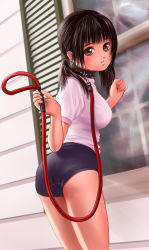 Rule 34 | 1girl, ass, bdsm, black hair, breasts, brown eyes, buruma, collar, female focus, gym uniform, large breasts, leash, looking at viewer, looking back, original, outdoors, short twintails, slave, solo, thighs, twintails, underwear, wall, window