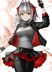 Rule 34 | 1girl, antennae, arknights, arm up, black gloves, black jacket, black pantyhose, black skirt, commentary, cowboy shot, fingerless gloves, gloves, grey shirt, grin, highres, holding, horns, jacket, long sleeves, looking at viewer, miniskirt, nail polish, nashidrop, open clothes, open jacket, pantyhose, red eyes, red nails, shirt, short hair, signature, silver hair, skirt, smile, solo, standing, thighs, w (arknights), white background