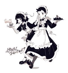 Rule 34 | 1boy, 1girl, alternate costume, apron, blush, bow, bowtie, buttons, commentary request, creatures (company), crossdressing, cup, dress, enmaided, game freak, gloria (pokemon), greyscale, hand up, headdress, highres, holding, holding plate, maid, monochrome, nintendo, open mouth, pantyhose, plate, pokemon, pokemon swsh, searmy, shoes, short hair, short sleeves, standing, translated, victor (pokemon), white background