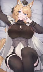 Rule 34 | 1girl, absurdres, animal ear fluff, animal ears, arknights, arm up, armor, bed sheet, blonde hair, blue eyes, breastplate, breasts, cape, covered navel, hat, highres, horse ears, horse girl, horse tail, kanta (kanta 077), large breasts, legs together, lying, on back, pillow, slit pupils, tail, whislash (arknights)