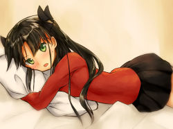 Rule 34 | 1girl, black hair, blush, fate/stay night, fate (series), green eyes, hair ribbon, highres, long sleeves, looking at viewer, lying, hugging object, on stomach, open mouth, pillow, pillow hug, pleated skirt, ribbon, rupe paperu, skirt, solo, sweatdrop, tohsaka rin, two side up