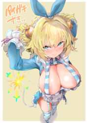 Rule 34 | + +, 1girl, absurdres, apron, areola slip, blonde hair, blue eyes, blue hair, blue legwear, blue ribbon, blue skirt, blush, bombergirl, border, breasts, closed mouth, from above, fuse, grenade hair ornament, hair ribbon, halterneck, highres, large areolae, large breasts, lit fuse, long sleeves, looking at viewer, looking up, maid headdress, multicolored hair, perspective, pine (bombergirl), ribbon, sharekoube, short hair, shrug (clothing), skirt, smile, striped clothes, striped legwear, striped thighhighs, thighhighs, thighs, two-tone hair, two side up, tying hair, waist apron, white border, yellow background, yellow pupils