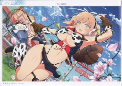 Rule 34 | 1girl, absurdres, animal print, boots, breasts, cow print, cow print bikini, day, flower, hat, headphones, highres, large breasts, long hair, looking at viewer, midriff, navel, o-ring, o-ring top, official art, open mouth, outdoors, page number, panties, petals, print bikini, scan, senran kagura, senran kagura new link, shiny skin, simple background, smile, solo, stomach, thighs, underwear, yaegashi nan