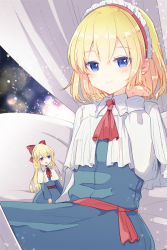 Rule 34 | 2girls, absurdres, alice margatroid, aoi (annbi), blonde hair, blouse, blue dress, blue eyes, bow, commentary, dress, frilled hairband, frills, hair bow, hairband, highres, light smile, lolita hairband, long hair, long sleeves, looking at viewer, matching shanghai, multiple girls, neck ribbon, open mouth, red bow, red hairband, red neckwear, ribbon, sash, shanghai doll, shirt, short hair, sitting, touhou, white shirt