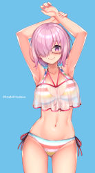 Rule 34 | 1girl, armpits, arms up, bare shoulders, bikini, blush, breasts, cleavage, collarbone, fate/grand order, fate (series), glasses, gluteal fold, hair over one eye, kouzuki tsubasa (musou kaidou), large breasts, light purple hair, looking at viewer, mash kyrielight, mash kyrielight (swimsuit of perpetual summer ver.02), multicolored bikini, multicolored clothes, navel, official alternate costume, purple eyes, rainbow bikini, see-through, short hair, smile, solo, striped bikini, striped clothes, swimsuit, thighs