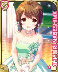 Rule 34 | 1girl, :d, bare arms, bare shoulders, bow, brown hair, card, character name, dress, flower, girlfriend (kari), green dress, hair bun, hair flower, hair ornament, indoors, nabeshima chiyori, night, official art, open mouth, qp:flapper, red eyes, shoes, single hair bun, smile, solo, standing, tagme, wedding dress, white bow