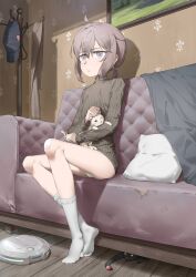 Rule 34 | 1girl, absurdres, animal, baseball cap, black cat, black hat, black sweater, brown hair, cat, clothes hanger, commentary request, couch, girls&#039; frontline, grey eyes, hat, highres, indoors, looking at viewer, low ponytail, m200 (girls&#039; frontline), no pants, on couch, panties, parted lips, pillow, ponytail, ribbed sweater, robotic vacuum cleaner, sidelocks, sitting, solo, sweater, tr07, turtleneck, turtleneck sweater, underwear, unworn hat, unworn headwear, white panties, wooden floor