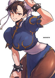 Rule 34 | 1girl, aosora2823, artist name, blue dress, bracelet, breasts, brown eyes, brown pantyhose, capcom, china dress, chinese clothes, chun-li, curvy, double bun, dress, earrings, hair bun, hand up, highres, jewelry, large breasts, pantyhose, pelvic curtain, puffy short sleeves, puffy sleeves, short sleeves, smile, solo, spiked bracelet, spikes, street fighter, thick thighs, thighs