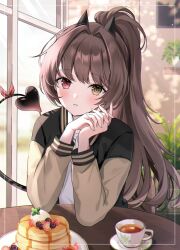 Rule 34 | 1girl, black horns, blurry, blush, brown hair, commission, cup, demon tail, depth of field, food, heterochromia, highres, horns, indoors, jacket, long hair, long sleeves, looking at viewer, original, own hands together, pancake, parted lips, pink eyes, ponytail, shirt, sitting, skeb commission, solo, suzumori (su2525), table, tail, teacup, upper body, white shirt, yellow eyes, yellow jacket