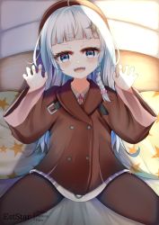 Rule 34 | 1girl, :d, a.i. voice, ahoge, aties20, beret, blue eyes, blunt bangs, braid, brown coat, brown hat, brown pantyhose, claw pose, coat, collared shirt, commentary request, grey shirt, hair ornament, hands up, hat, indoors, kizuna akari, kizuna akari (tsubomi), long hair, long sleeves, looking at viewer, neck ribbon, on bed, open mouth, pantyhose, pillow, print pillow, red ribbon, ribbon, shirt, single braid, smile, solo, spread legs, star (symbol), star print, thick eyebrows, very long hair, vocaloid, voiceroid, white hair, wide sleeves