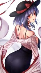 Rule 34 | 1girl, :d, akehi yuki, ass, belt, black belt, black bra, black hat, black skirt, blurry, blurry background, blurry foreground, blush, bow, bra, breasts, cowboy shot, frilled shawl, frills, hat, hat bow, large breasts, long sleeves, looking at viewer, looking back, nagae iku, off-shoulder shirt, off shoulder, open mouth, purple hair, red bow, red eyes, shawl, shirt, short hair, simple background, skirt, smile, solo, standing, touhou, underwear, white background, white shirt