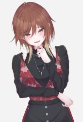 Rule 34 | 1girl, aketa mikoto, black leotard, blonde hair, blush, brown hair, chain, chain necklace, dutch angle, floral print, glint, gradient hair, hand on own chin, highres, idolmaster, idolmaster shiny colors, jacket, jewelry, leotard, letterman jacket, looking at viewer, multicolored hair, nail polish, necklace, ring, simple background, smile, solo, ssrg srrg