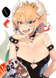 Rule 34 | 1girl, :d, absurdres, bare shoulders, black dress, black nails, blonde hair, blue eyes, bowsette, bracelet, breasts, cleavage, collar, commentary, crown, dress, dry bones, earrings, fangs, fingernails, fire, goomba, hand on own hip, hand up, heart, highres, jewelry, large breasts, lizard tail, looking at viewer, mario (series), nail polish, new super mario bros. u deluxe, nintendo, open mouth, pointy ears, ponytail, sharp teeth, shy guy, simple background, smile, solo, spiked bracelet, spiked collar, spikes, super crown, tail, teeth, translated, tuxedo de cat, upper body, white background