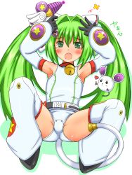 Rule 34 | 1girl, animal ears, bare shoulders, bell, black gloves, blush, blush stickers, cat ears, collar, crotch plate, detached leggings, detached sleeves, energy gun, fin (phantom breaker), flat chest, gloves, green eyes, green hair, hair intakes, hair ornament, jingle bell, matching hair/eyes, mouse (animal), neck bell, one-piece swimsuit, phantom breaker, ray gun, shiina you (tomoshibi), solo, spread legs, star (symbol), swimsuit, tail, tears, thighhighs, weapon, white one-piece swimsuit