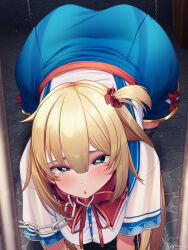 Rule 34 | 1girl, akai haato, all fours, aqua eyes, ass, blonde hair, blue skirt, blush, bow, breasts, chain, chain leash, collar, hair between eyes, hair ornament, hanging breasts, heart, heart-shaped pupils, heart hair ornament, highres, hololive, leash, long hair, magowasabi, medium breasts, open mouth, parted lips, red bow, shirt, short sleeves, signature, skirt, solo, stone floor, symbol-shaped pupils, white shirt
