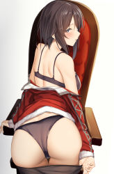 Rule 34 | 1girl, ass, bad id, bad pixiv id, bare shoulders, black bra, black panties, black pantyhose, blush, bra, breasts, brown hair, chair, clothes pull, commentary request, from behind, hayasui (kancolle), highres, jacket, kantai collection, looking at viewer, looking back, medium breasts, medium hair, off shoulder, official alternate costume, pallad, panties, pantyhose, pantyhose pull, pulled by self, sidelocks, simple background, solo, underwear, undressing, white background