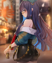 Rule 34 | 1girl, absurdres, ass, bare shoulders, beret, black hair, black shorts, blue hair, blurry, blurry background, bracelet, breasts, buttons, colored inner hair, double-breasted, eyeliner, fate/grand order, fate (series), green hat, green jacket, grey eyes, hat, highres, jacket, jewelry, long hair, long sleeves, looking at viewer, looking back, makeup, multicolored hair, o-ring, off shoulder, parted lips, purple-tinted eyewear, round eyewear, shorts, sidelocks, small breasts, solo, sunglasses, tenochtitlan (fate), tenochtitlan (second ascension) (fate), thighs, tinted eyewear, ura illust, wavy hair