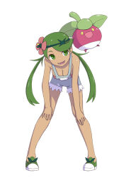 Rule 34 | 1girl, bare shoulders, bent over, blank eyes, bounsweet, breasts, cleavage, creatures (company), dark-skinned female, dark skin, female focus, flower, full body, game freak, gen 7 pokemon, green eyes, green footwear, green hair, grey overalls, hair flower, hair ornament, hands on own knees, happy, leaning forward, legs, legs apart, long hair, looking at another, mallow (pokemon), matching hair/eyes, nintendo, open mouth, overalls, pigeon-toed, pink flower, pink shirt, pokemon, pokemon (creature), pokemon sm, shiny skin, shirt, shoes, simple background, small breasts, smile, squid neetommy, standing, strapless, strapless shirt, swept bangs, teeth, tongue, twintails, white background, yellow eyes