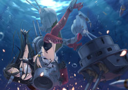 Rule 34 | 10s, 1girl, black gloves, black hair, elbow gloves, gloves, headgear, kantai collection, long hair, machinery, nagato (kancolle), red thighhighs, rokuwata tomoe, sinking, skirt, solo, thighhighs, underwater, yellow eyes