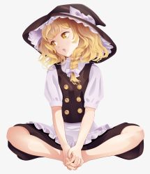 Rule 34 | 1girl, barefoot, black hat, black skirt, black vest, blonde hair, bow, braid, breasts, butterfly sitting, buttons, commentary request, frilled hat, frilled skirt, frills, hair bow, hat, hat bow, kenta-sagara, kirisame marisa, knees apart feet together, lips, medium breasts, open mouth, puffy short sleeves, puffy sleeves, shirt, short sleeves, side braid, single braid, sitting, skirt, solo, touhou, vest, white bow, white shirt, witch, witch hat, yellow eyes