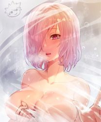 Rule 34 | 1girl, breasts, breath, cleavage, covering privates, fate/grand order, fate (series), hair over one eye, hand on own chest, large breasts, mash kyrielight, mirror, naked towel, nude cover, open mouth, outstretched hand, parted lips, pink eyes, pink hair, reflection, short hair, solo, teddy (khanshin), towel, upper body, water drop, wet, wet hair