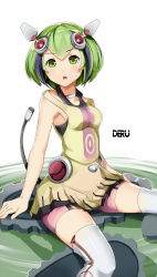 Rule 34 | 1girl, antennae, artist name, breasts, cable, cable tail, dimension w, green eyes, green hair, highres, kimoshi, looking at viewer, mechanical tail, open mouth, robot, simple background, single stripe, tail, thighhighs, white background, white thighhighs, yurizaki mira