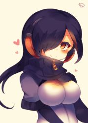 Rule 34 | 10s, 1girl, black gloves, black hair, blush, breasts, closed mouth, elbow gloves, emperor penguin (kemono friends), gloves, hair over one eye, hand on own chest, hand up, headphones, heart, highres, impossible clothes, kemono friends, large breasts, long hair, muuran, orange eyes, short sleeves, signature, smile, solo, turtleneck, zipper pull tab