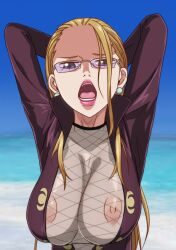 Rule 34 | 1girl, :o, arms up, blonde hair, blue eyes, bodysuit, breasts, day, earrings, female focus, glasses, hair slicked back, highres, jewelry, kalifa (one piece), kyabakurabakufu, large breasts, long hair, looking at viewer, nipples, no bra, ocean, one piece, open mouth, outdoors, revealing clothes, see-through, sky, solo, stud earrings, upper body, water