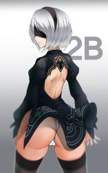 Rule 34 | 1girl, ass, backless outfit, black thighhighs, blindfold, cameltoe, cleft of venus, cowboy shot, dress, highres, long sleeves, looking back, mole, mole under mouth, nier (series), nier:automata, panties, pantyshot, short hair, silver hair, sinensian, skindentation, solo, standing, thighhighs, thighs, thong, underwear, weapon, white panties, 2b (nier:automata)