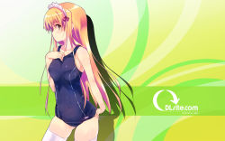 Rule 34 | 1girl, blue one-piece swimsuit, dille blood, dlsite.com, green background, highres, one-piece swimsuit, refeia, school swimsuit, single vertical stripe, swimsuit, thighhighs, wallpaper, white thighhighs