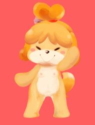 Rule 34 | 1girl, animal crossing, artist request, blonde hair, blush, breasts, dog, closed eyes, female focus, full body, furry, furry female, isabelle (animal crossing), long hair, nintendo, nipples, ponytail, pussy, shizue, simple background, smile, solo, towel
