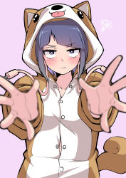 Rule 34 | 1girl, absurdres, animal ears, animal hood, asymmetrical bangs, audio jack, blurry, blurry foreground, blush, boku no hero academia, brown pajamas, button gap, closed mouth, collarbone, commentary, depth of field, dog ears, dog pajamas, dog tail, embarrassed, fake animal ears, furrowed brow, highres, hood, hood up, jirou kyouka, jitome, long earlobes, midriff peek, pajamas, partially unbuttoned, purple background, purple eyes, purple hair, reaching, reaching towards viewer, scribble, shinonome mozuku, short hair, sidelocks, simple background, solo, spread fingers, tail, tongue, tongue out, upturned eyes, v-shaped eyebrows, wavy mouth, white pajamas