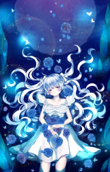 Rule 34 | 1girl, absurdres, bad id, bad pixiv id, blue flower, blue rose, bug, butterfly, dress, flower, hair ribbon, highres, insect, long hair, moon, ms (momose), original, partially submerged, purple eyes, reflection, ribbon, rose, solo, very long hair, water, white hair
